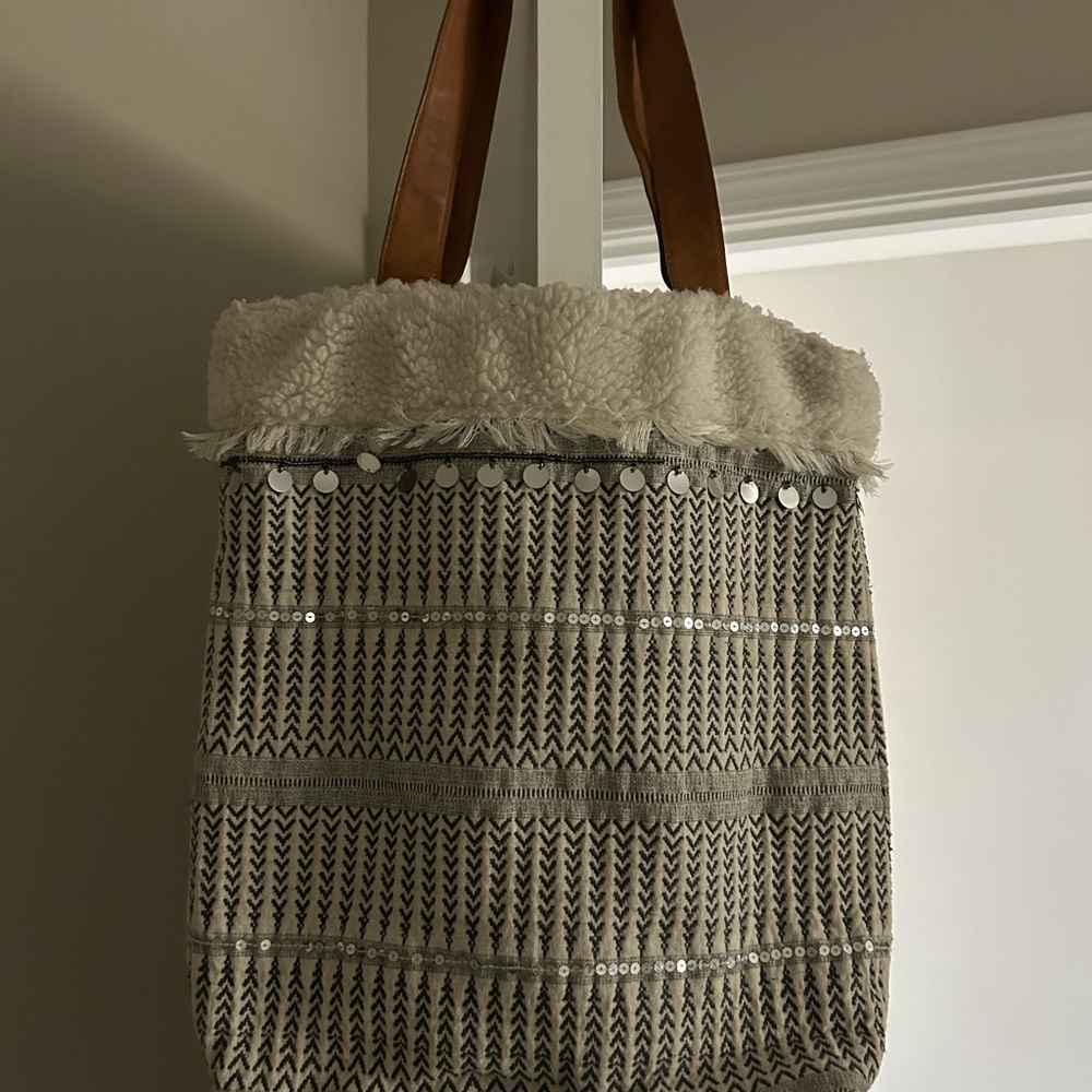 Stylish Cream and Brown Fur Lined Tote Bag NWOT